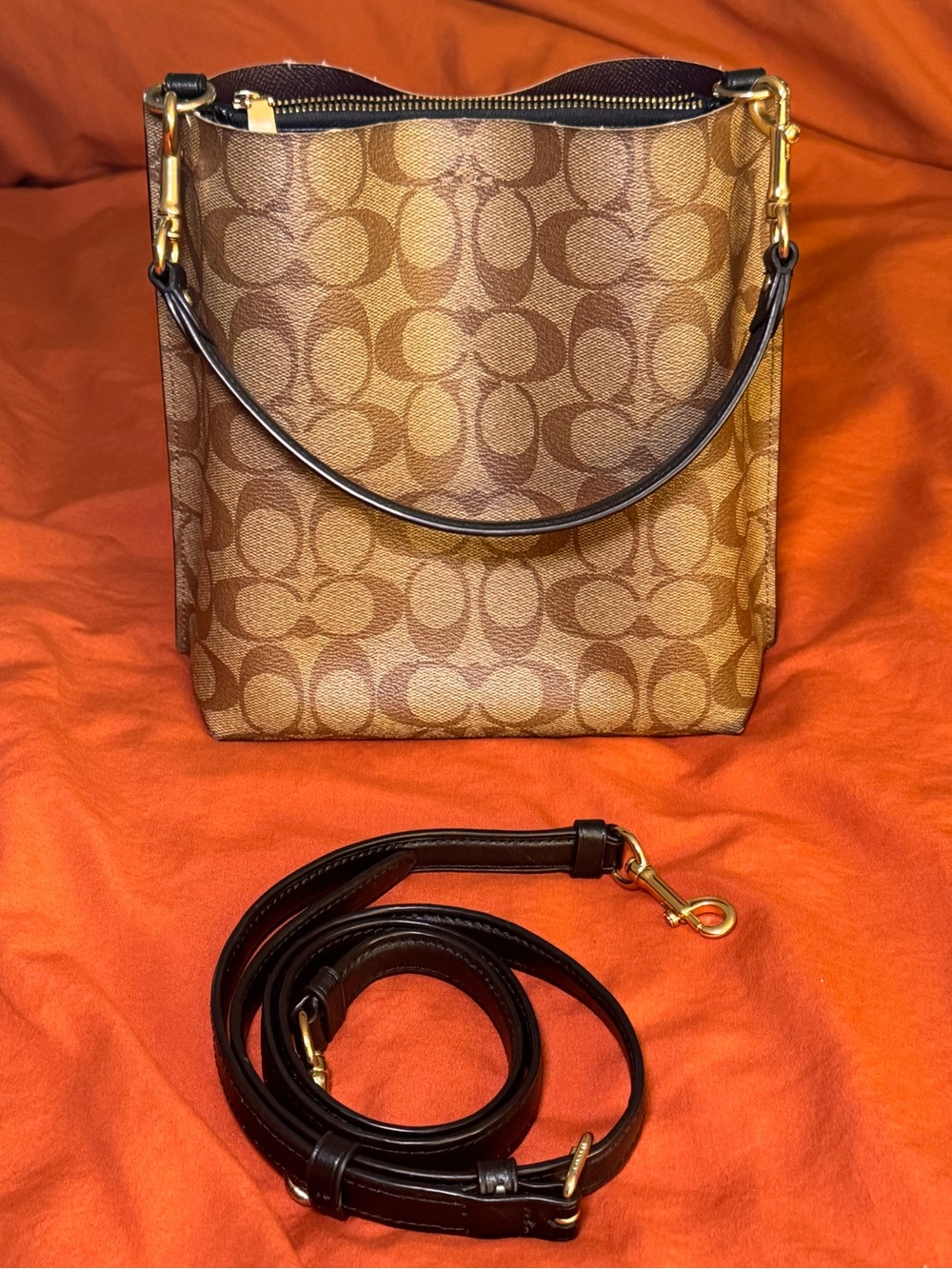 Coach Brown Signature Canvas Shoulder Bag with Black Handle and Trim - Picture 3 of 8